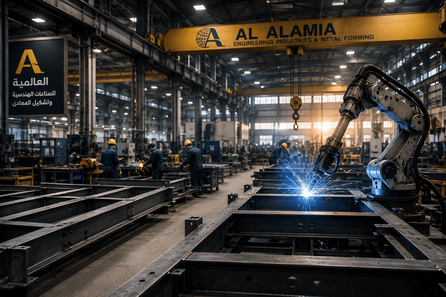 Production line inside the factory with welding sparks